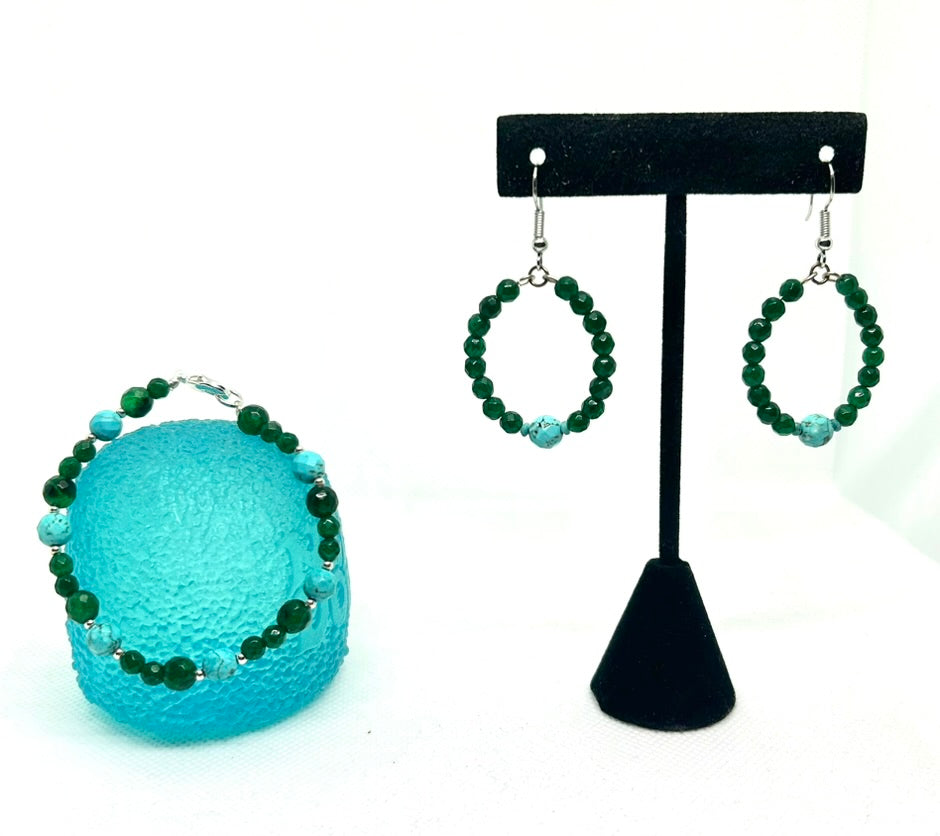Emerald green Jade, Turquoise, and Sterling Silver Set