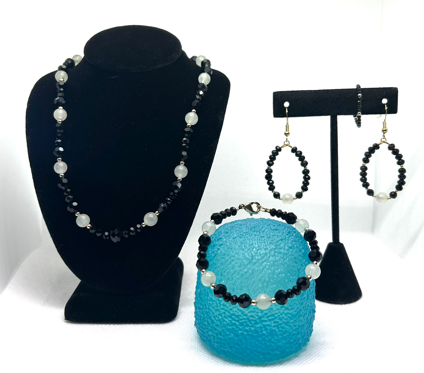 Black Spinel, Black Obsidian, Prehnite, and Gold Set