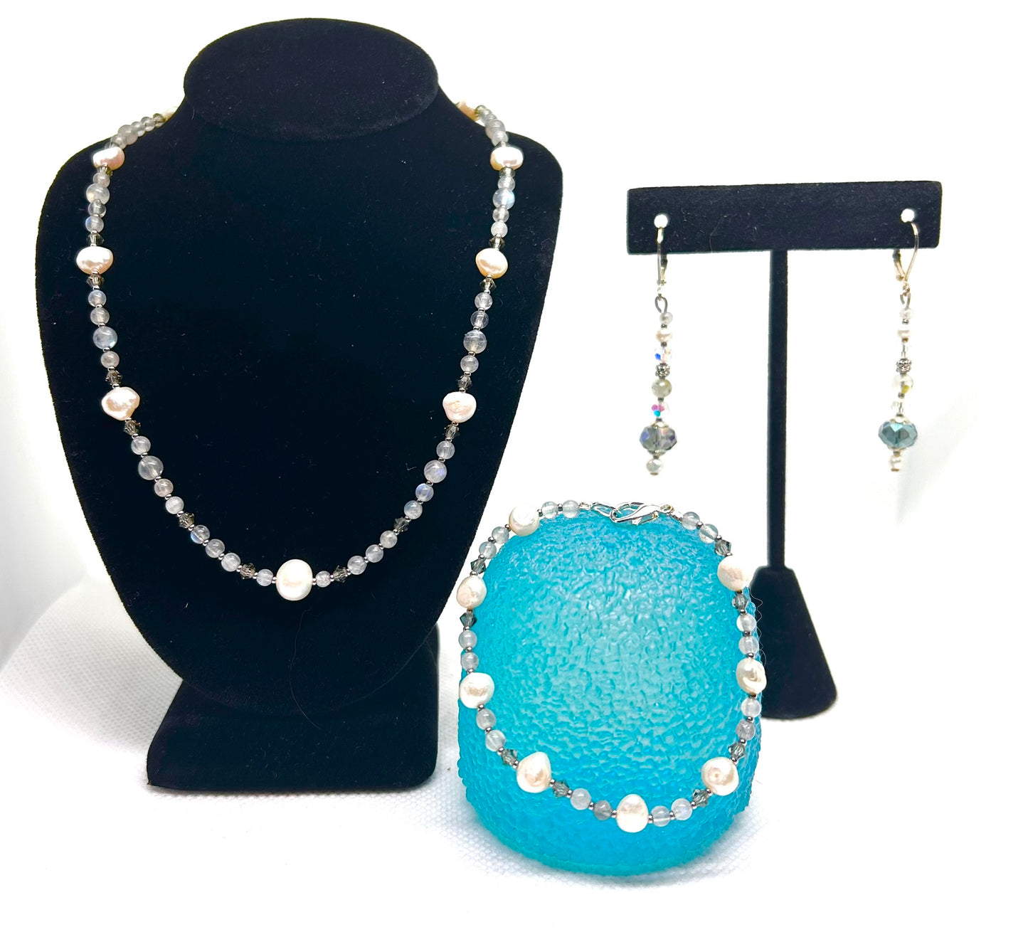 Grey Moonstone, Fresh Water Pearl, and Bicone Crystal Set