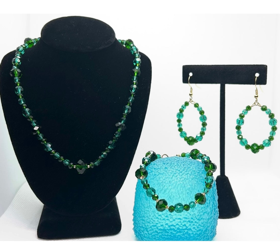 Green and Blue Austrian Faceted Crystal, and Gold Set