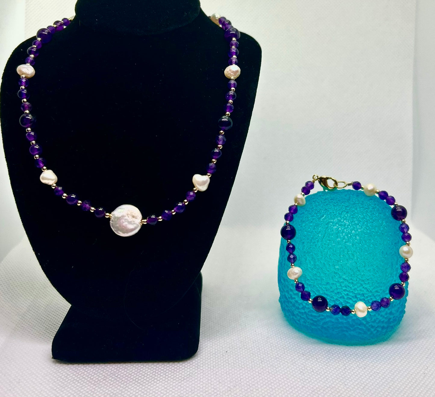 Smooth Amethyst, Faceted Quartz Amethyst, Fresh Water Pearl, and Gold Set
