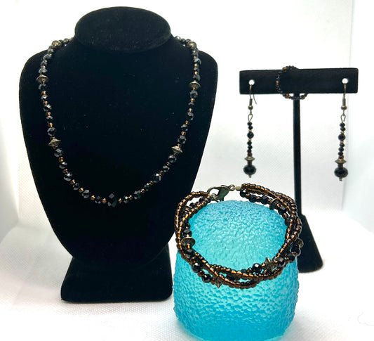 Black Spinel, Black Tourmaline, Black Obsidian, with Tortoise Shell Glass, and Tibetan Antique Bronze Spacer Set