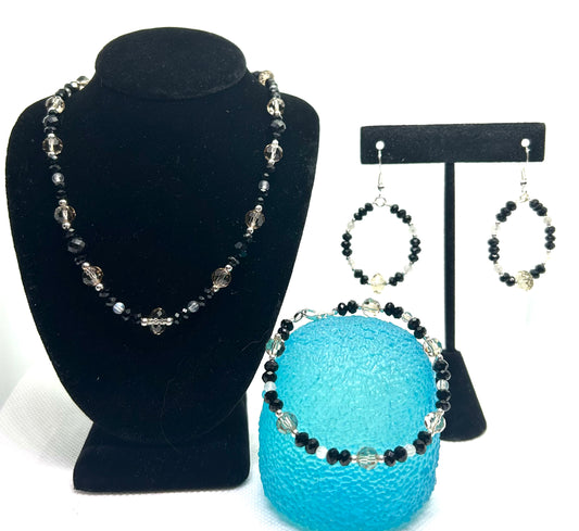 Black Obsidian, Grey Moonstone, Austrian Crystal, and Sterling Silver Set