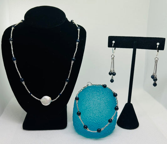 Lapis Lazuli, Fresh Water Pearl, and Sterling Silver Set