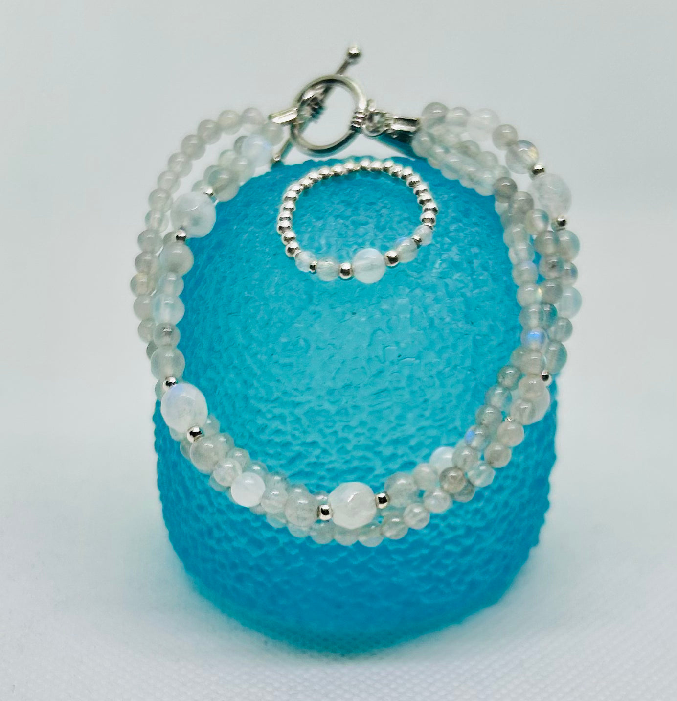 Grey Smooth Moonstone, Labradorite, White Faceted Moonstone, and Sterling Silver Set